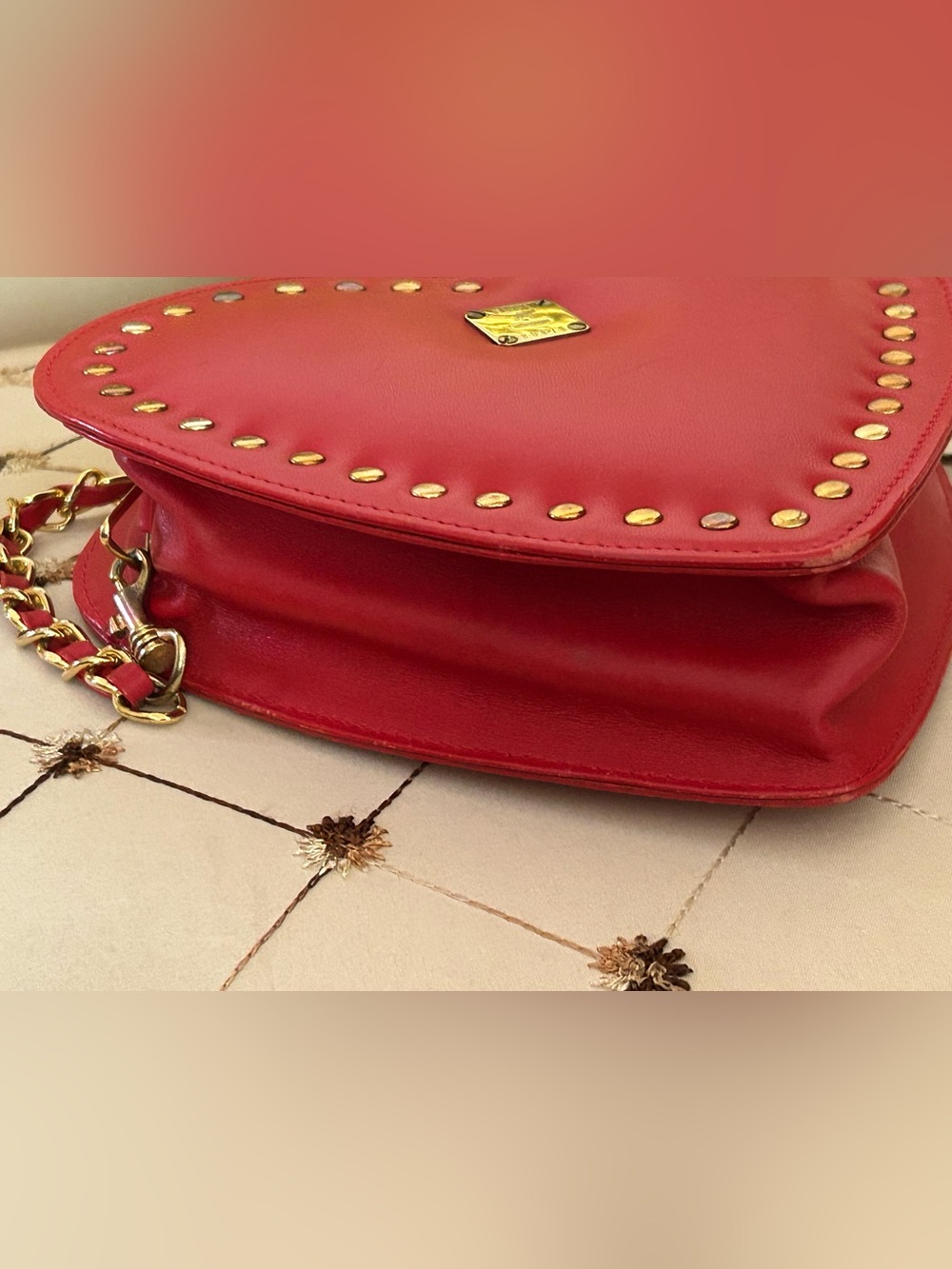 MCM Red Heart Studded Crossbody with Gold Chain Cromer Design - Picture 12 of 16
